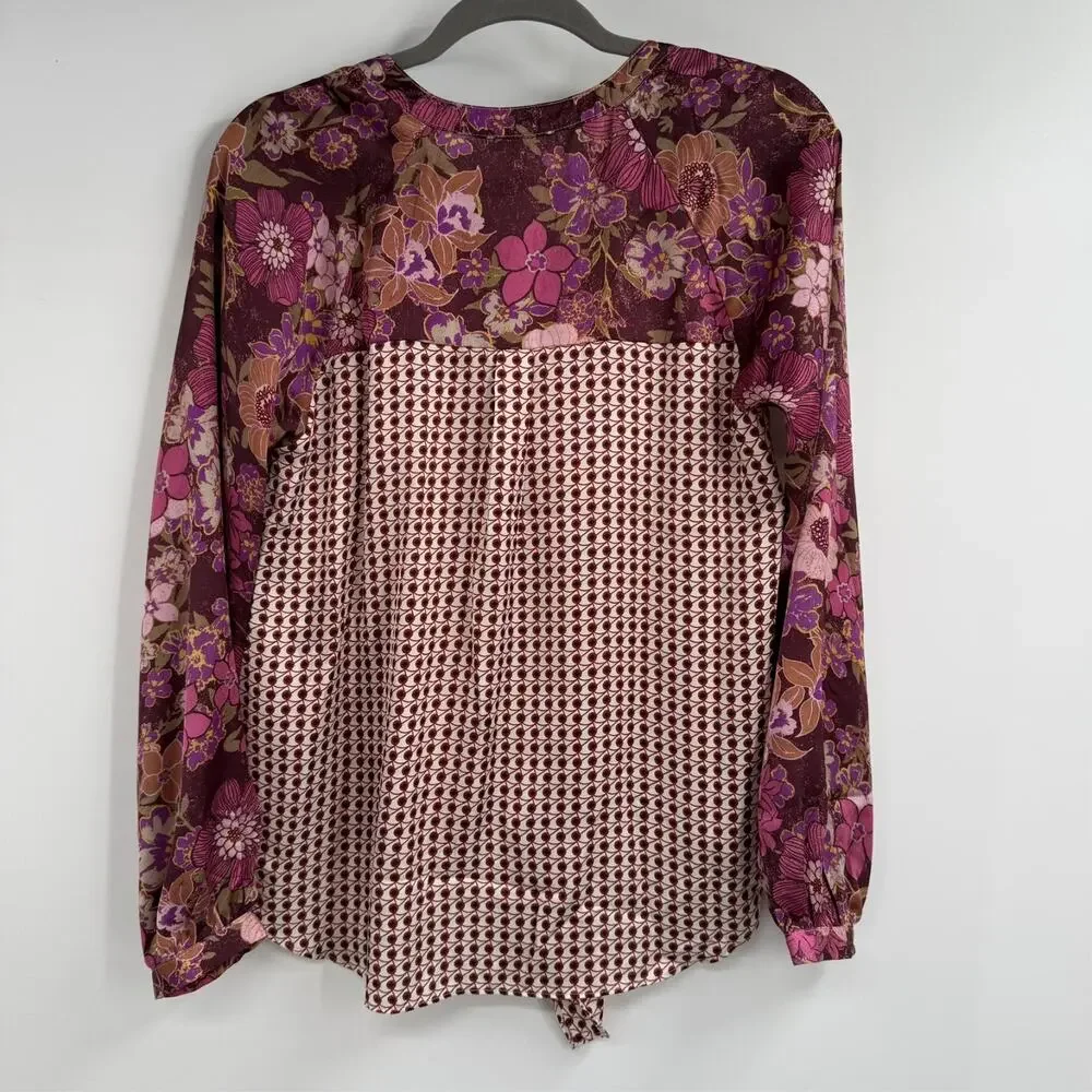 Mystree Button Up Shirt Womens S Merlot Burgundy Tie Front Mixed Floral Boho - Picture 6 of 13